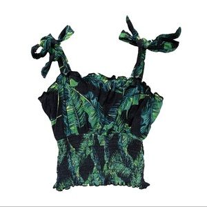 guess : dark green palm leaf print fitted tank